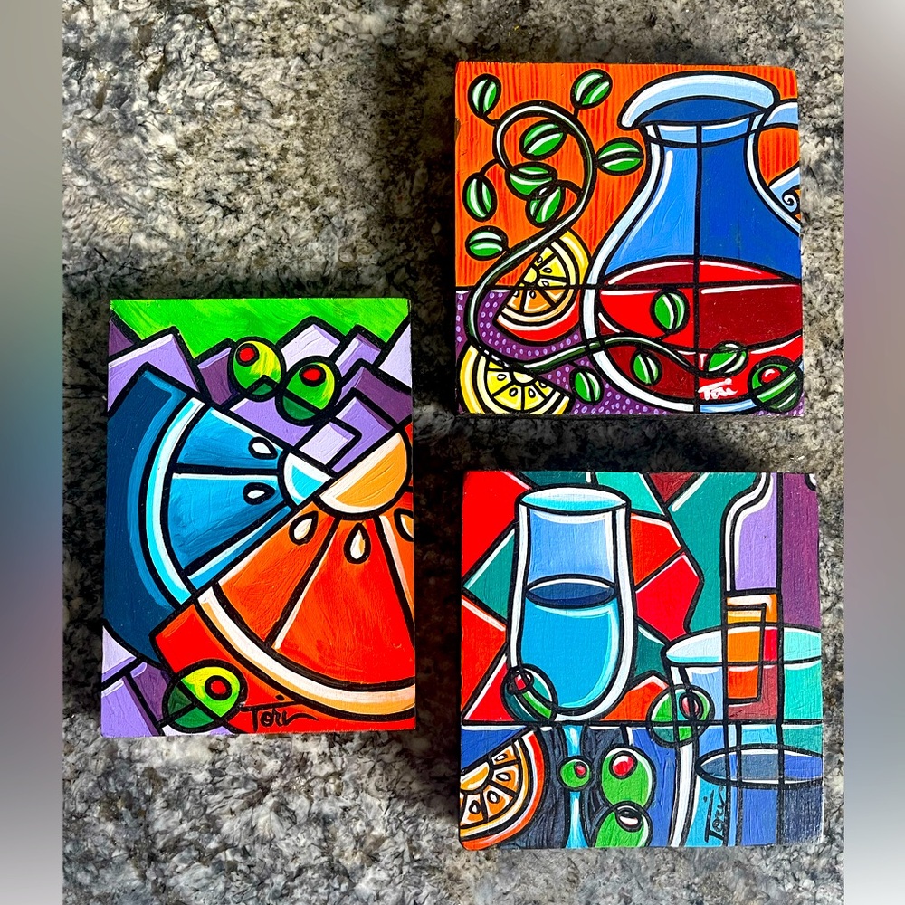 Original oil on wood art trip of pop art wine fruit